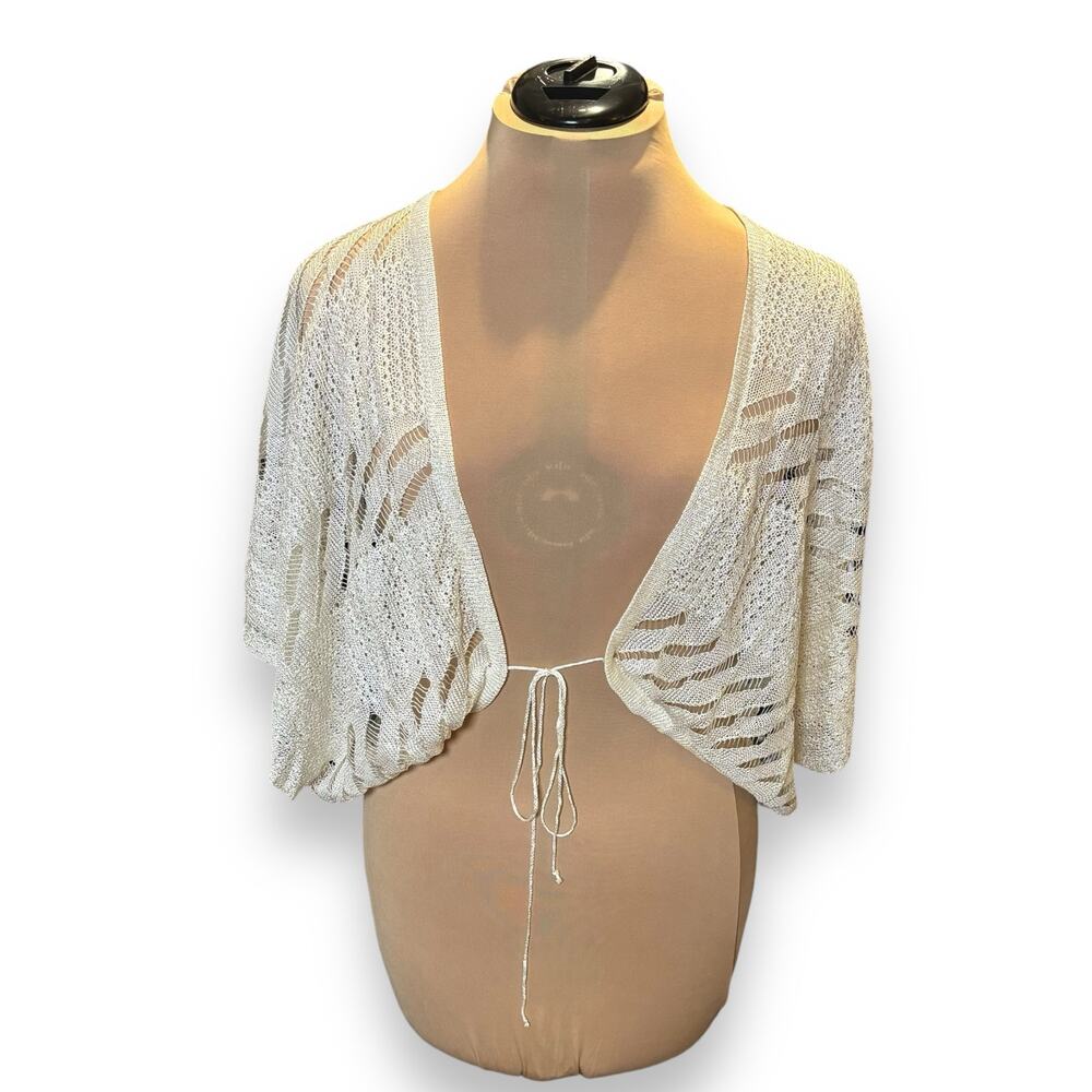 NWT Echo Crocheted Batwing Tie Front Shrug One Size Ivory  Open Knit